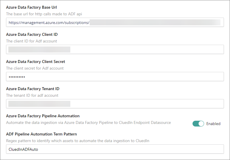 Input Microsoft Azure Data Factory credentials